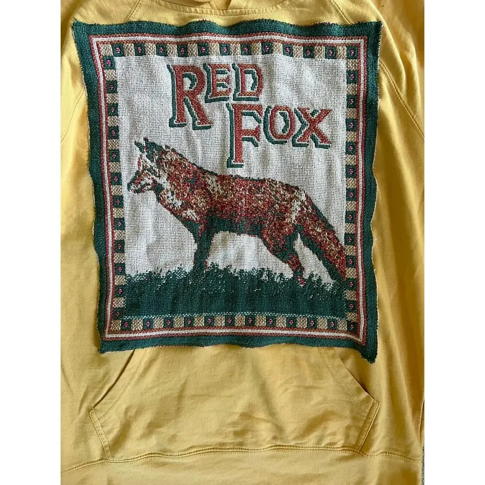 Fox Tapestry hoodie, reworked sweatshirt w blanket panel, upcycled XL